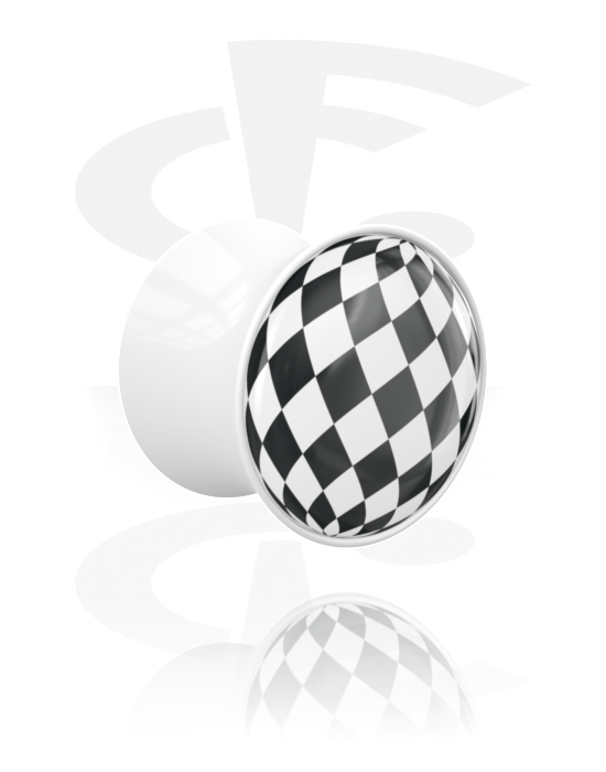 Tunnels & Plugs, Double flared plug (acrylic, white) with checkered pattern, Acrylic