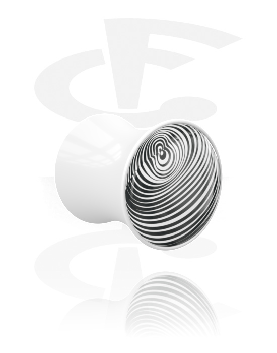 Tunely & plugy, Plug s rozšířenými konci (akryl, bílá) s černobílým designem, Akryl