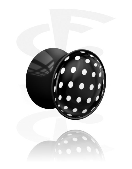 Tunely & plugy, Plug s rozšířenými konci (akryl, černá) s designem puntíky, Akryl