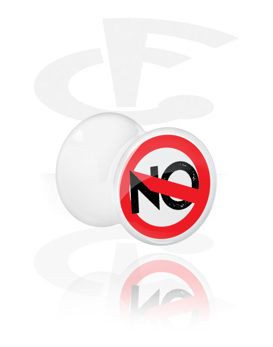 Tunnels & Plugs, Double flared plug (acrylic, white) with "No" lettering, Acrylic