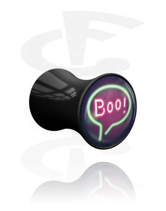 Tunnels & Plugs, Double flared plug (acrylic, black) with "Boo!" lettering, Acrylic