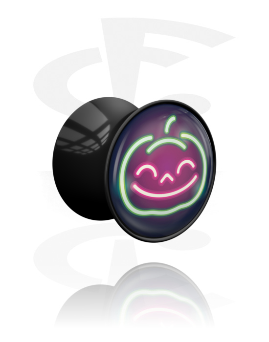 Tunely & plugy, Plug s rozšířenými konci (akryl, černá) s Neonovým halloweenským designem „dýně“, Akryl