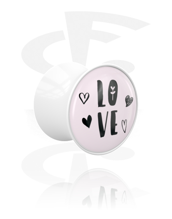 Tunnels & Plugs, Double flared plug (acrylic, white) with "LOVE" lettering, Acrylic