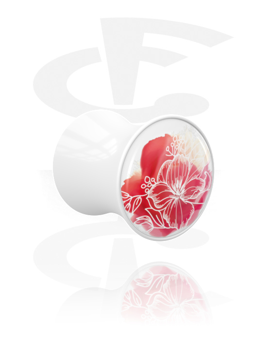 Tunneler & plugger, Dobbeltformet plugg (akryl, hvit) med blomsterdesign, Akryl