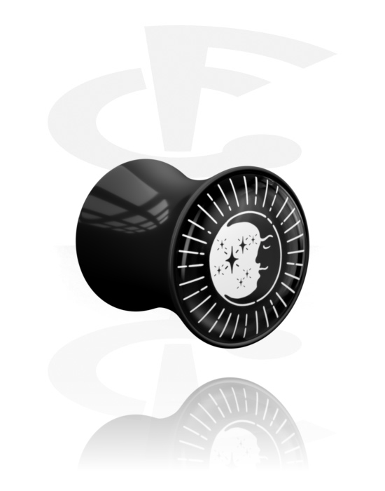 Tunely & plugy, Plug s rozšířenými konci (akryl, černá) s designem měsíc, Akryl