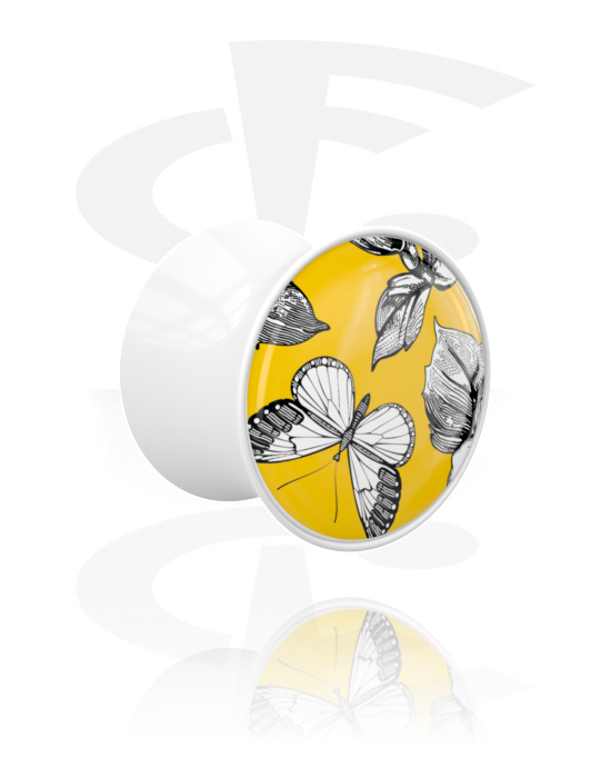 Tunnels & Plugs, Double flared plug (acrylic, white) with butterfly design, Acrylic