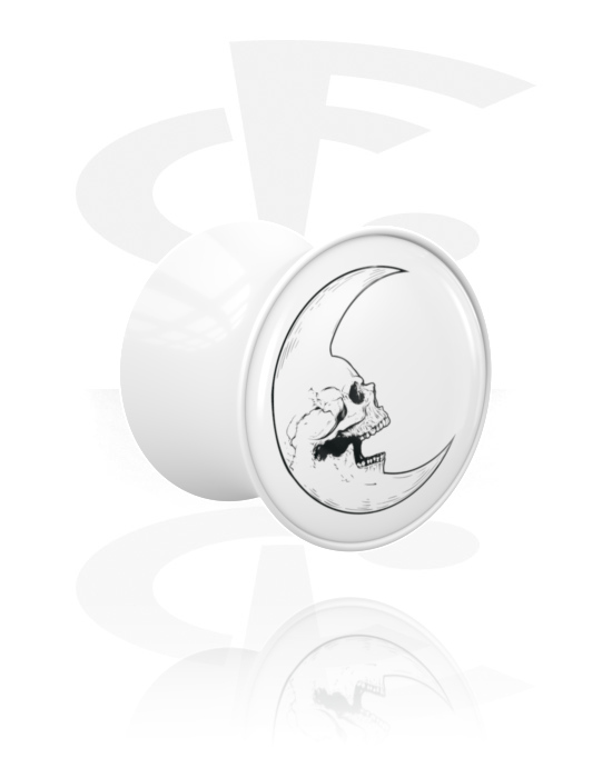 Tunnels & Plugs, Double flared plug (acrylic, white) with motif "half moon with skull", Acrylic