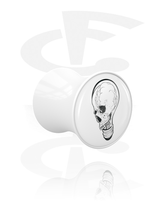 Tunely & plugy, Plug s rozšířenými konci (akryl, bílá) s designem lebka, Akryl