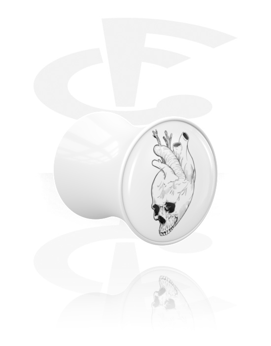 Tunely & plugy, Plug s rozšírenými koncami (akryl, biela) s motívom „srdce a lebka“, Akryl