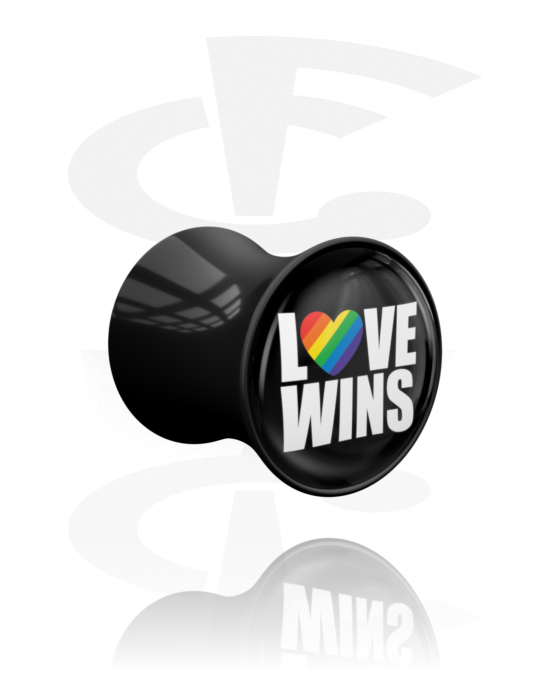 Tunely & plugy, Plug s rozšířenými konci (akryl, černá) s nápisem „Love wins“, Akryl