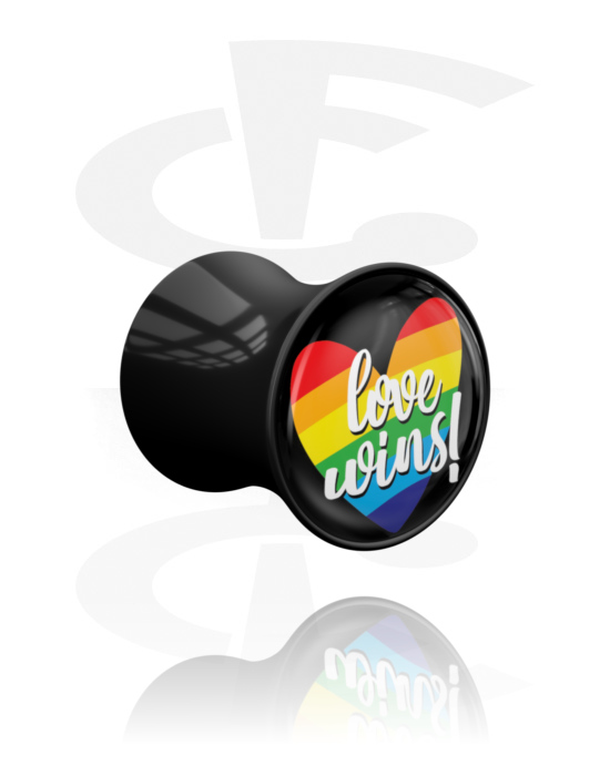 Tunnlar & Pluggar, Double flared plug (acrylic, black) med "Love wins" lettering och heart motif in rainbow colours, Akryl