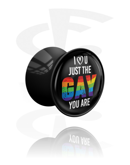 Tunnels & Plugs, Double flared plug (acrylic, black) with "I love you just the gay you are" lettering, Acrylic