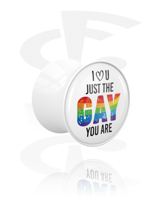Tunnels & Plugs, Double flared plug (acrylic, black) with "I love you just the gay you are" lettering, Acrylic