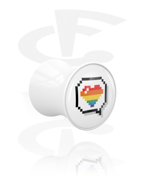 Tunnlar & Pluggar, Double flared plug (acrylic, white) med hjärtdesign och rainbow colours, Akryl