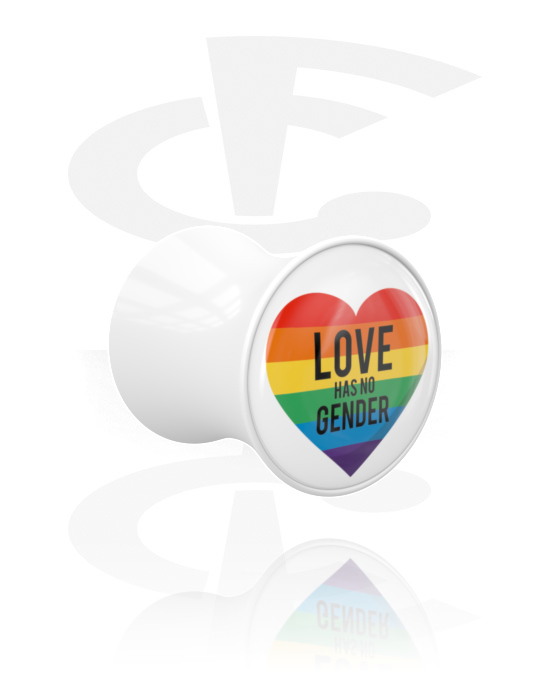 Tunnels & Plugs, Double flared plug (acrylic, white) with "Love has no gender" lettering, Acrylic