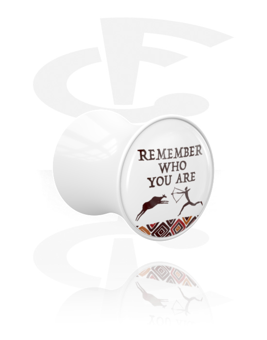 Tunnels & Plugs, Double flared plug (acrylic, white) with "Remember who you are" lettering, Acrylic