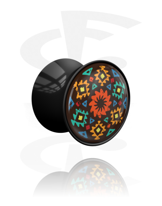 Tunnels & Plugs, Double flared plug (acrylic, black) with African Design, Acrylic