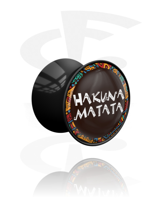 Tunely & plugy, Plug s rozšířenými konci (akryl, černá) s Nápisem „Hakuna Matata“, Akryl