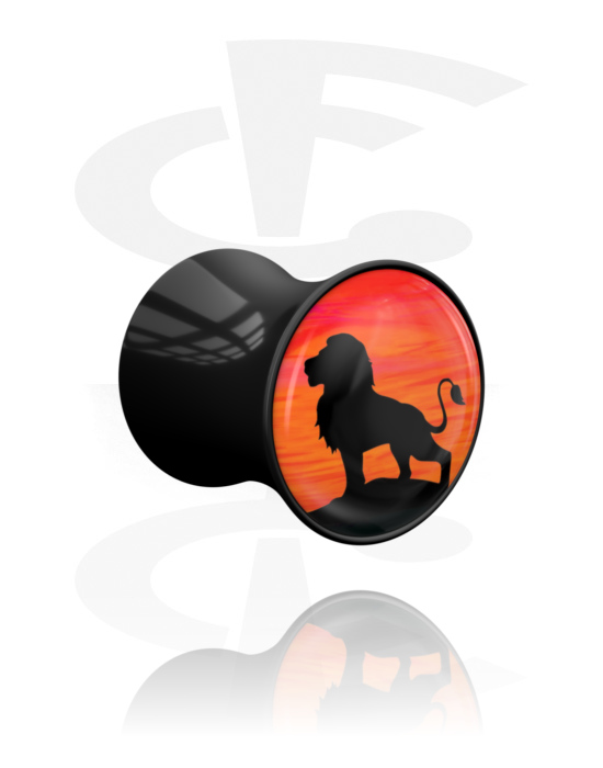 Tunnels & Plugs, Plug double flared (acrylique, noir) avec motif "lion", Acrylique