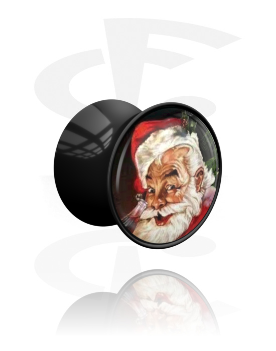Tunely & plugy, Plug s rozšířenými konci (akryl, černá) s designem Santa Claus, Akryl