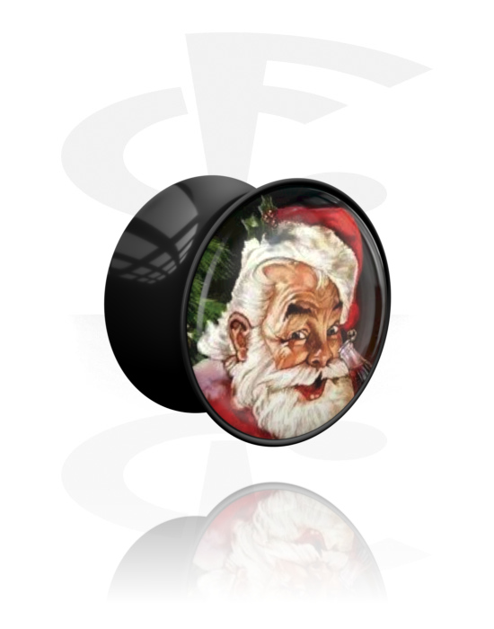 Tunnels & Plugs, Double flared plug (acrylic, black) with Santa Claus design, Acrylic