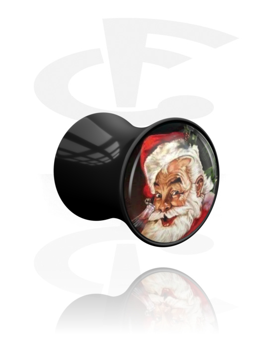 Tunnels & Plugs, Double flared plug (acrylic, black) with Santa Claus design, Acrylic