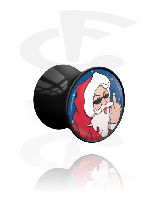 Tunnels & Plugs, Double flared plug (acrylic, black) with naughty Santa Claus design, Acrylic