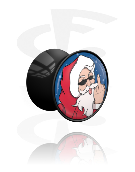 Tunnlar & Pluggar, Double flared plug (acrylic, black) med naughty Santa Claus design, Akryl