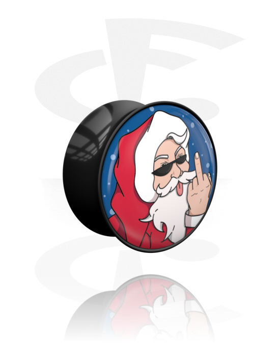 Alagutak és dugók, Double flared plug (acrylic, black) val vel naughty Santa Claus design, Akril