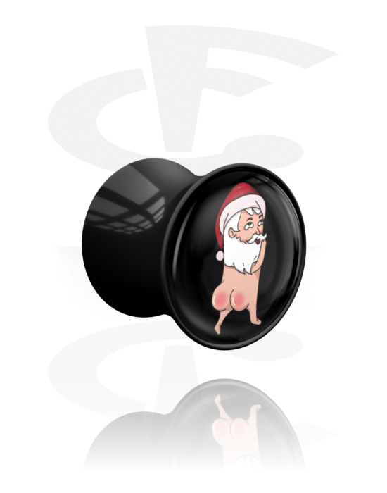 Tunely & plugy, Plug s rozšířenými konci (akryl, černá) s motivem „nahý Santa Claus“, Akryl