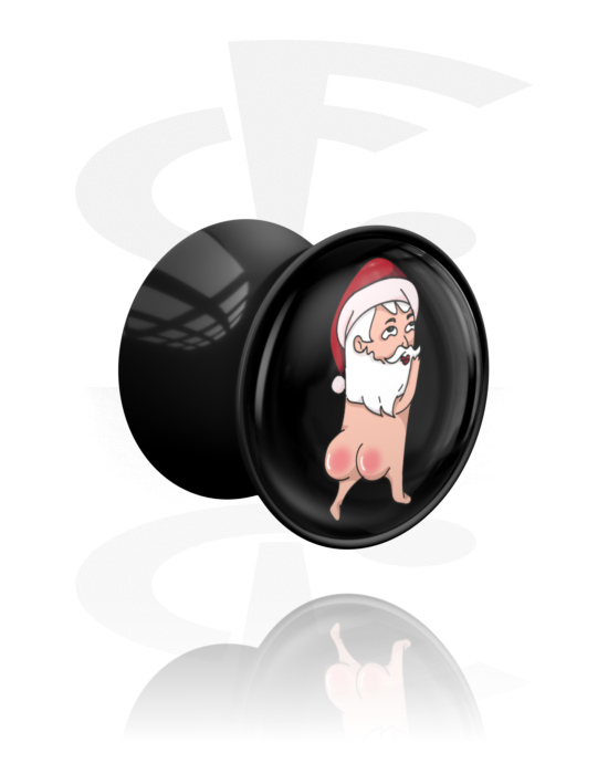 Tunnels & Plugs, Double flared plug (acryl, zwart) met motief ‘naakte kerstman’, Acryl