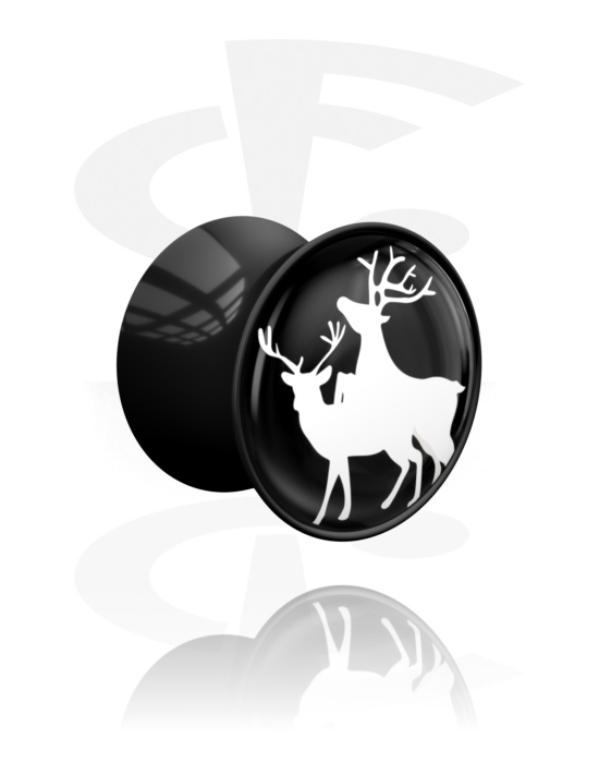 Tunely & plugy, Plug s rozšírenými koncami (akryl, čierna) s vianočným dizajnom „nezbedný jeleň“, Akryl