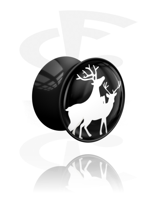 Tunely & plugy, Plug s rozšířenými konci (akryl, černá) s Vánočním designem „nezbedný jelen“, Akryl