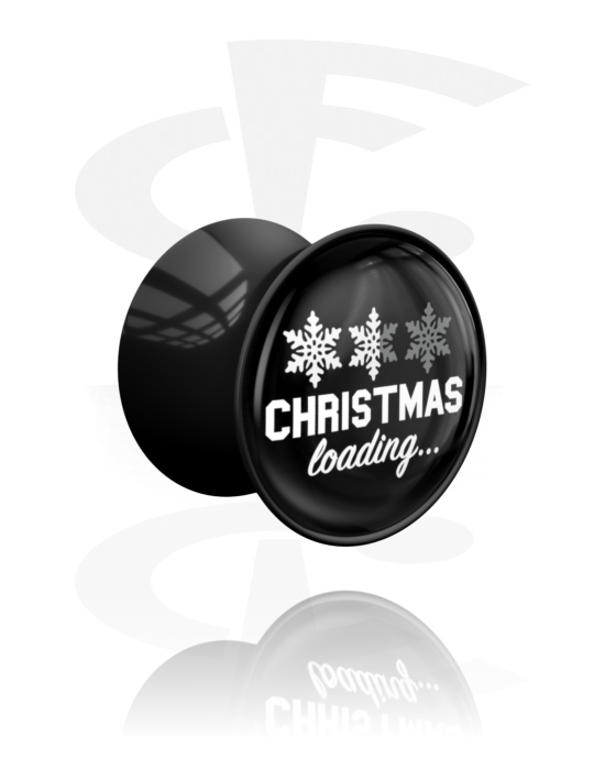 Tunnels & Plugs, Double flared plug (acrylic, black) with "Christmas loading" lettering, Acrylic