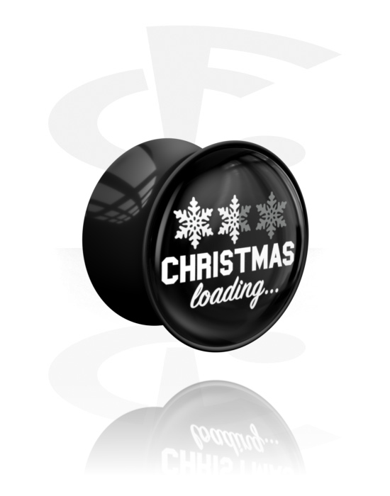 Tunneler & plugger, Dobbeltformet plugg (akryl, svart) med "Christmas loading" skrift, Akryl