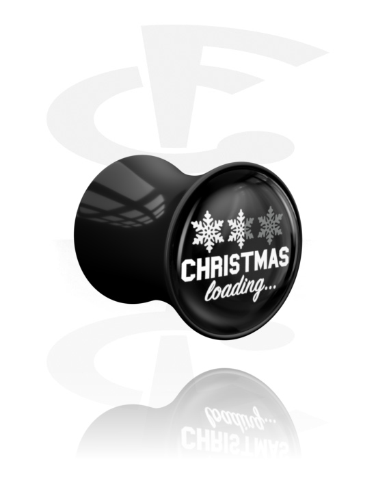 Tunneler & plugger, Dobbeltformet plugg (akryl, svart) med "Christmas loading" skrift, Akryl