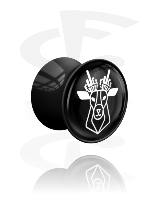 Tunnels & Plugs, Double flared plug (acrylic, black) with deer design and middle finger, Acrylic