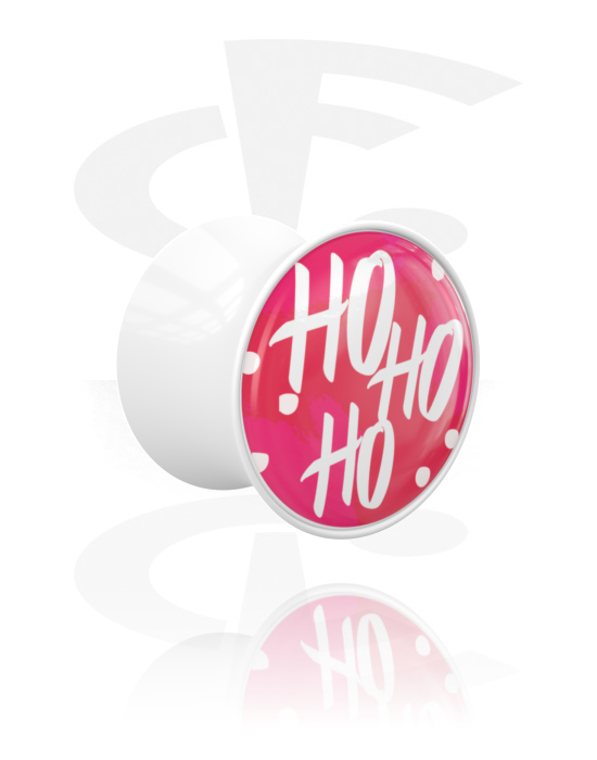 Tunnlar & Pluggar, Double flared plug (acrylic, white) med "Ho ho ho" lettering, Akryl