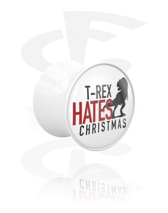 Tunely & plugy, Plug s rozšířenými konci (akryl, bílá) s nápisem „T-Rex hates Christmas“, Akryl