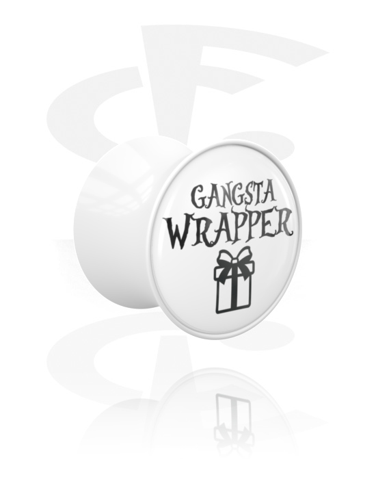 Tunely & plugy, Plug s rozšířenými konci (akryl, bílá) s nápisem „Gangsta Wrapper“, Akryl