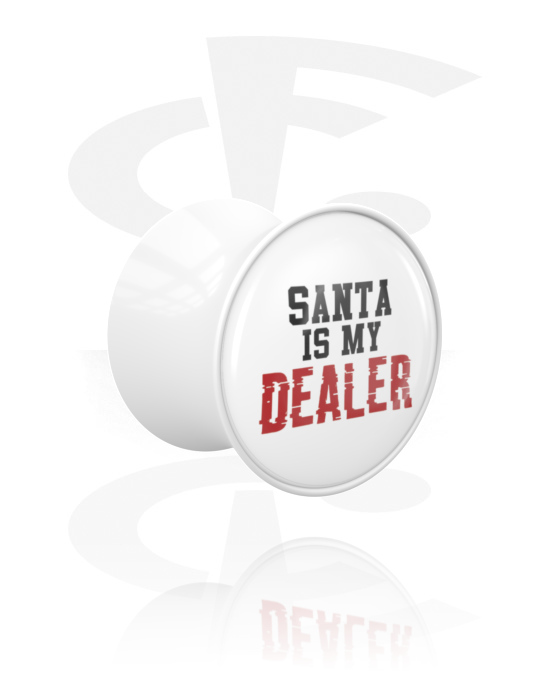 Tunnels & Plugs, Double flared plug (acrylic, black) with "Santa is my dealer" lettering, Acrylic