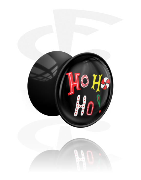 Tunely & plugy, Plug s rozšířenými konci (akryl, černá) s Vánočním designem a Nápisem „Ho ho ho“, Akryl