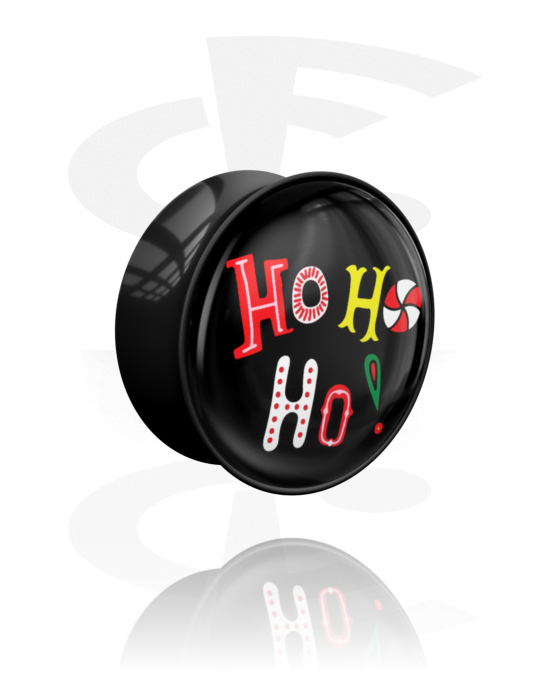 Tunnels & Plugs, Double flared plug (acrylic, black) with Christmas design and "Ho ho ho" lettering, Acrylic