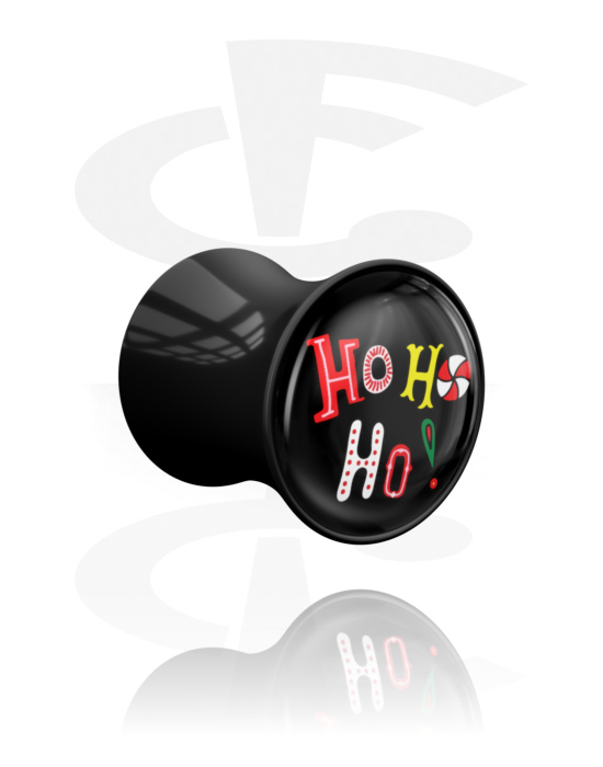 Tunnel & Plug, Double flared plug (acrilico, nero) con design natalizio e scritta "ho ho ho", Acrilico