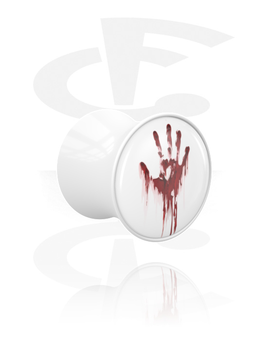 Tunely & plugy, Plug s rozšířenými konci (akryl, bílá) s Halloweenským designem „krvavá ruka“, Akryl