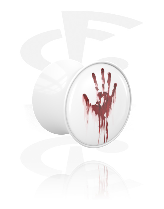 Tunely & plugy, Plug s rozšírenými koncami (akryl, biela) s halloweenskym dizajnom „krvavá ruka“, Akryl