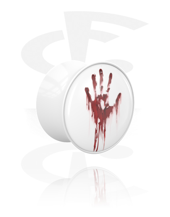 Tunnels og plugs, Double-flared plug (akryl, hvid) med Halloweenmotiv "blodig hånd", Akryl