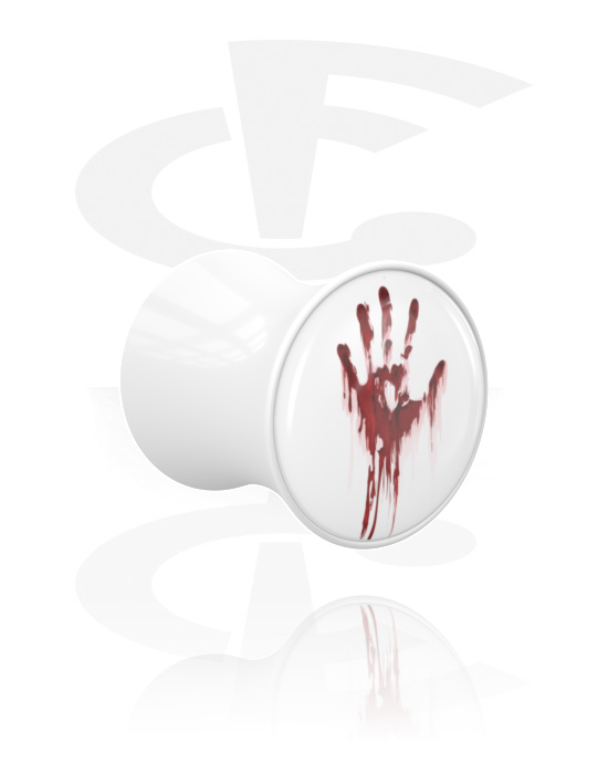 Tunnelit & plugit, Kaksinkertainen flared-plugi (akryyli, valkoinen) kanssa Halloween-design "verinen käsi", Akryyli