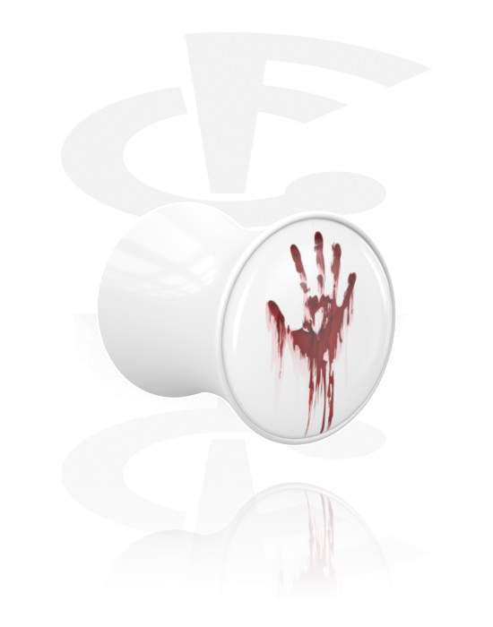 Tunnels & Plugs, Double flared plug (acryl, wit) met Halloween-motief ‘bloederige hand’, Acryl