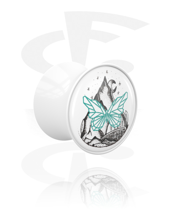 Tunnels & Plugs, Double flared plug (acrylic, white) with butterfly design, Acrylic